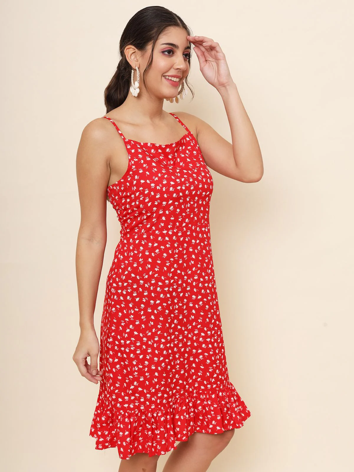 Odette Red Heavy Crepe Printed Stitched Dress For Women - Image 4