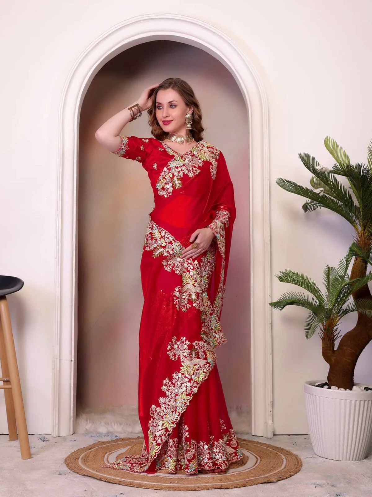 Odette Red Jimmy Choo Embellished Saree For Women - Image 2