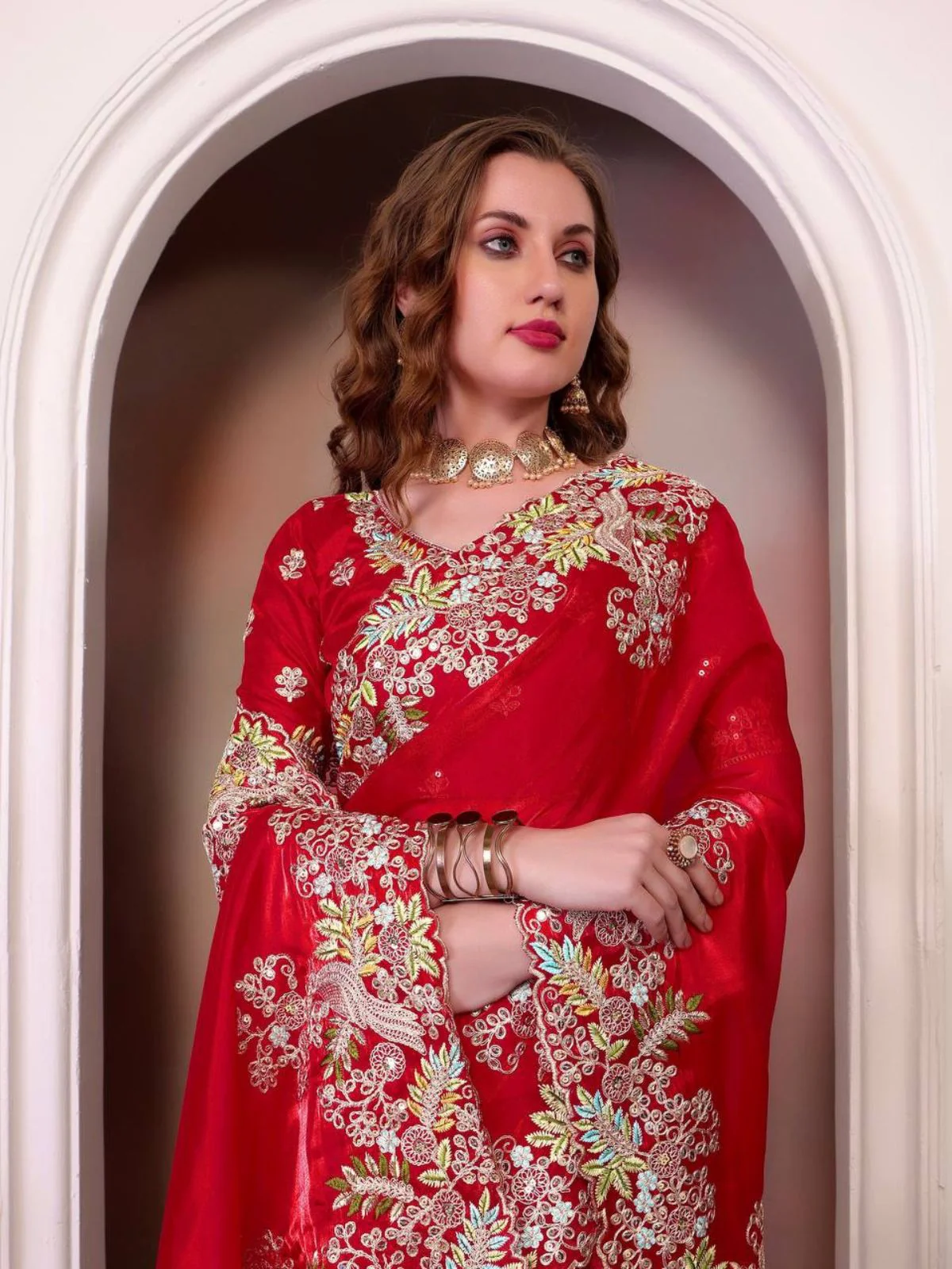 Odette Red Jimmy Choo Embellished Saree For Women - Image 4