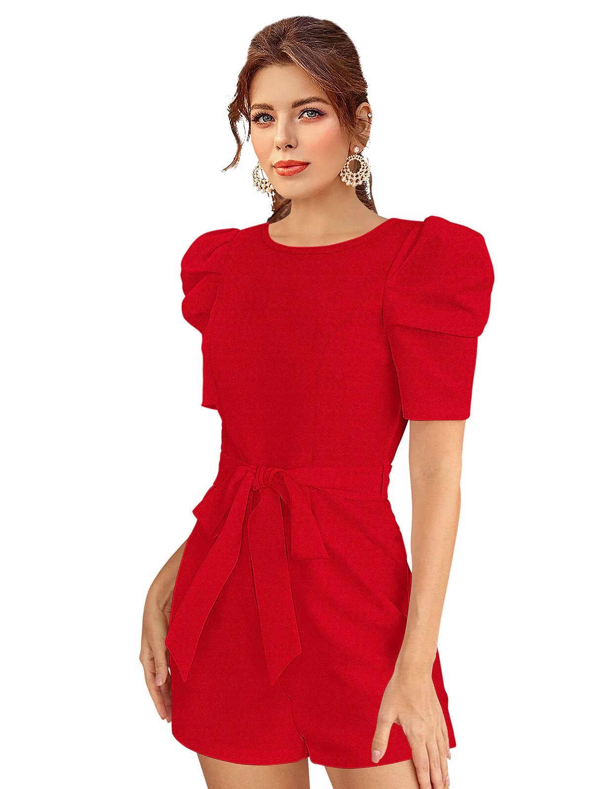 Odette Red  Knit Fabric Jumpsuit For Women - Image 3