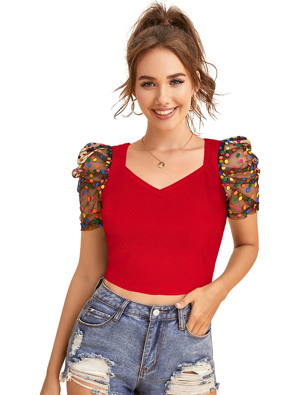 Odette Red Knit Fabric Top For Women - Image 2