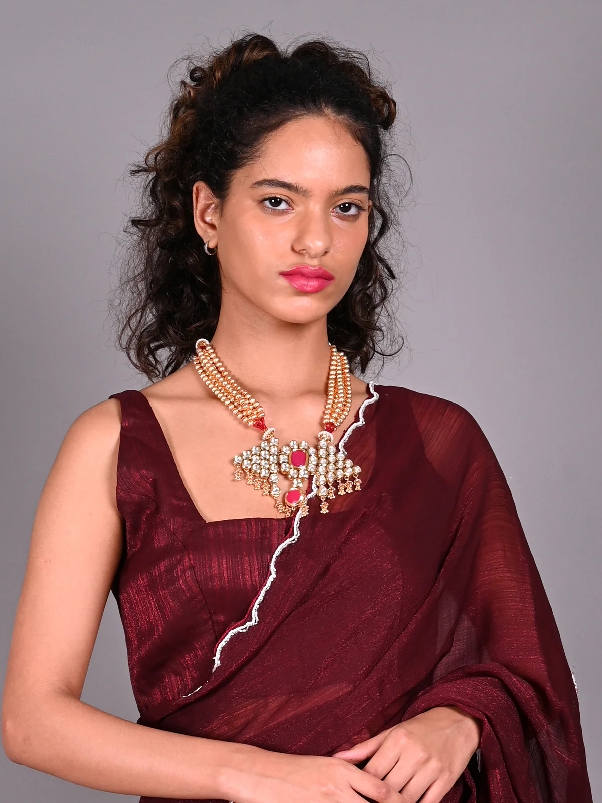 Odette Red Kundan Golden Multilayered Necklace Set For Women - Image 2