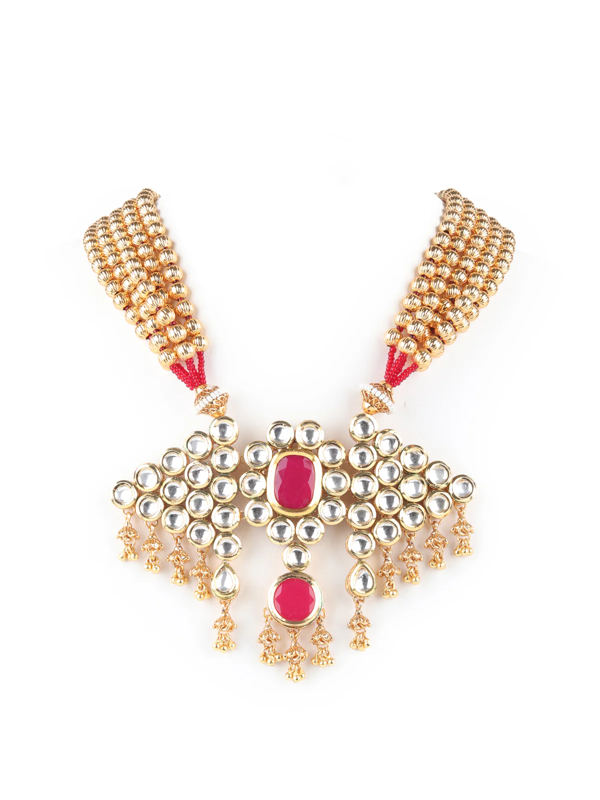 Odette Red Kundan Golden Multilayered Necklace Set For Women - Image 4