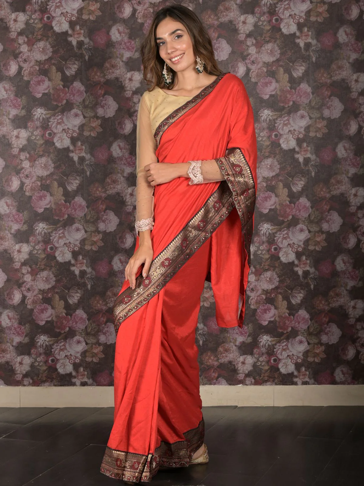 Odette Red Lace Embroidered Crepe Saree for Women - Image 2
