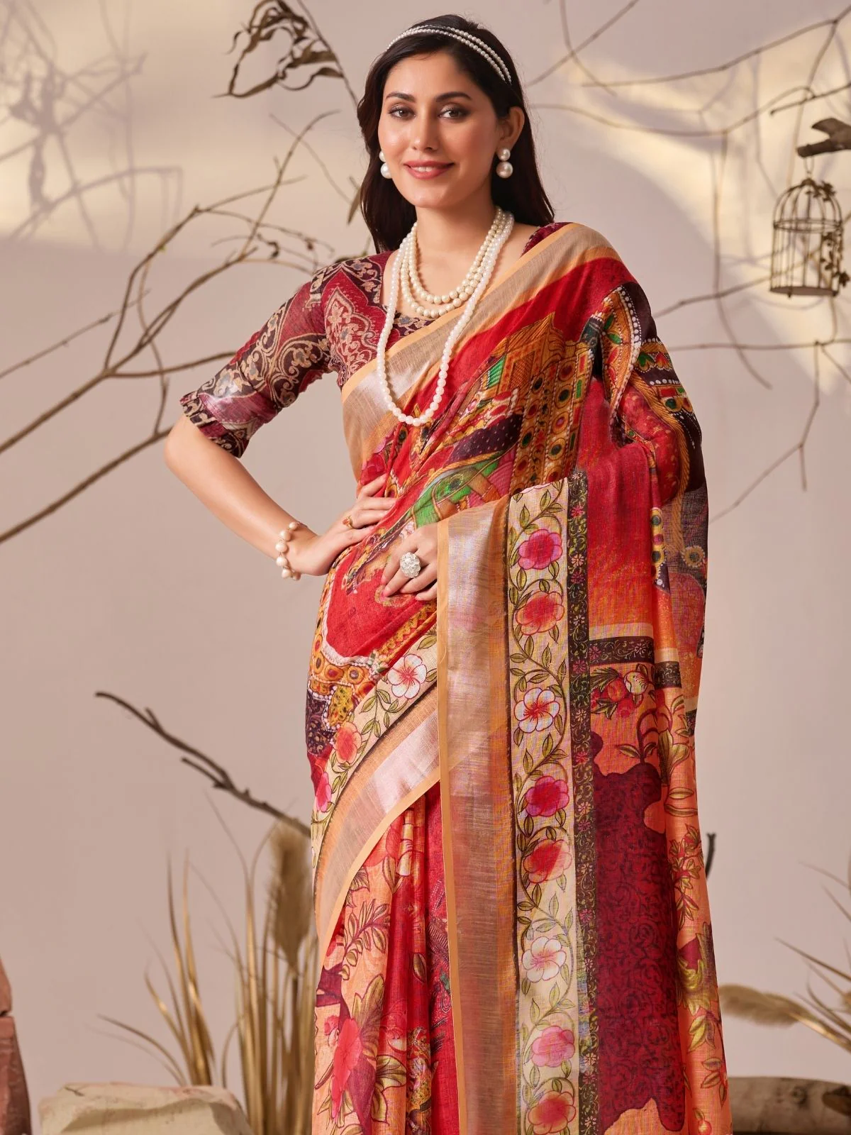 Odette Red Linen Cotton Printed Saree For Women - Image 3