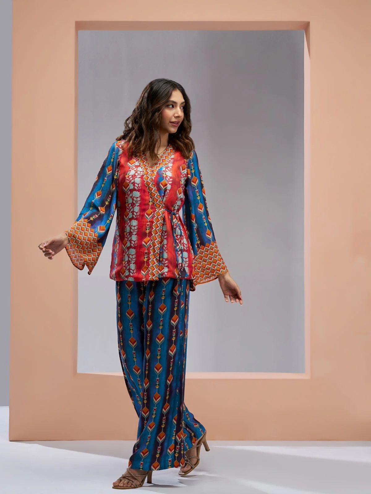 Odette Red And Blue Linen Printed Stitched Co-Ord Set For Women - Image 3