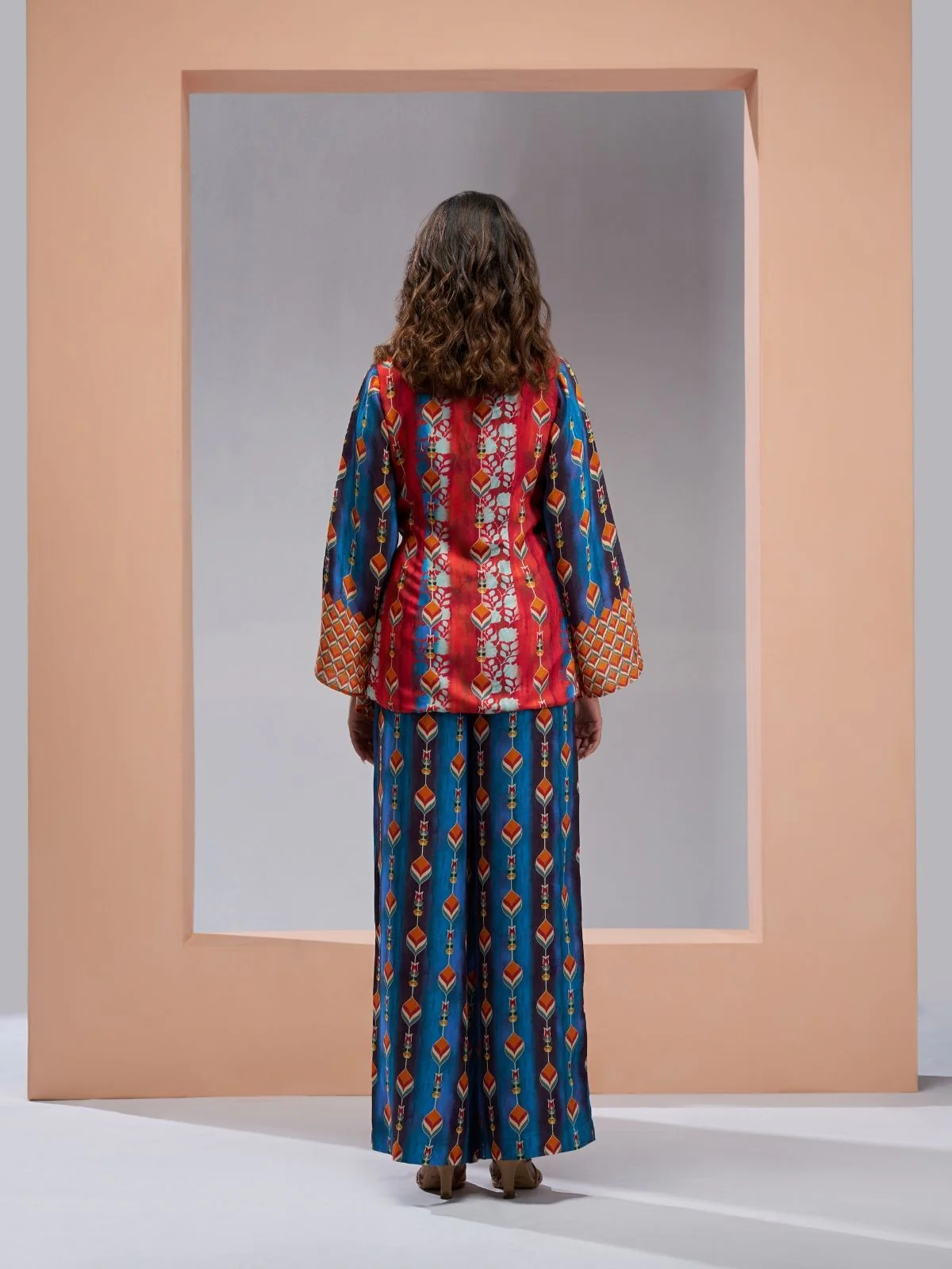 Odette Red And Blue Linen Printed Stitched Co-Ord Set For Women - Image 4