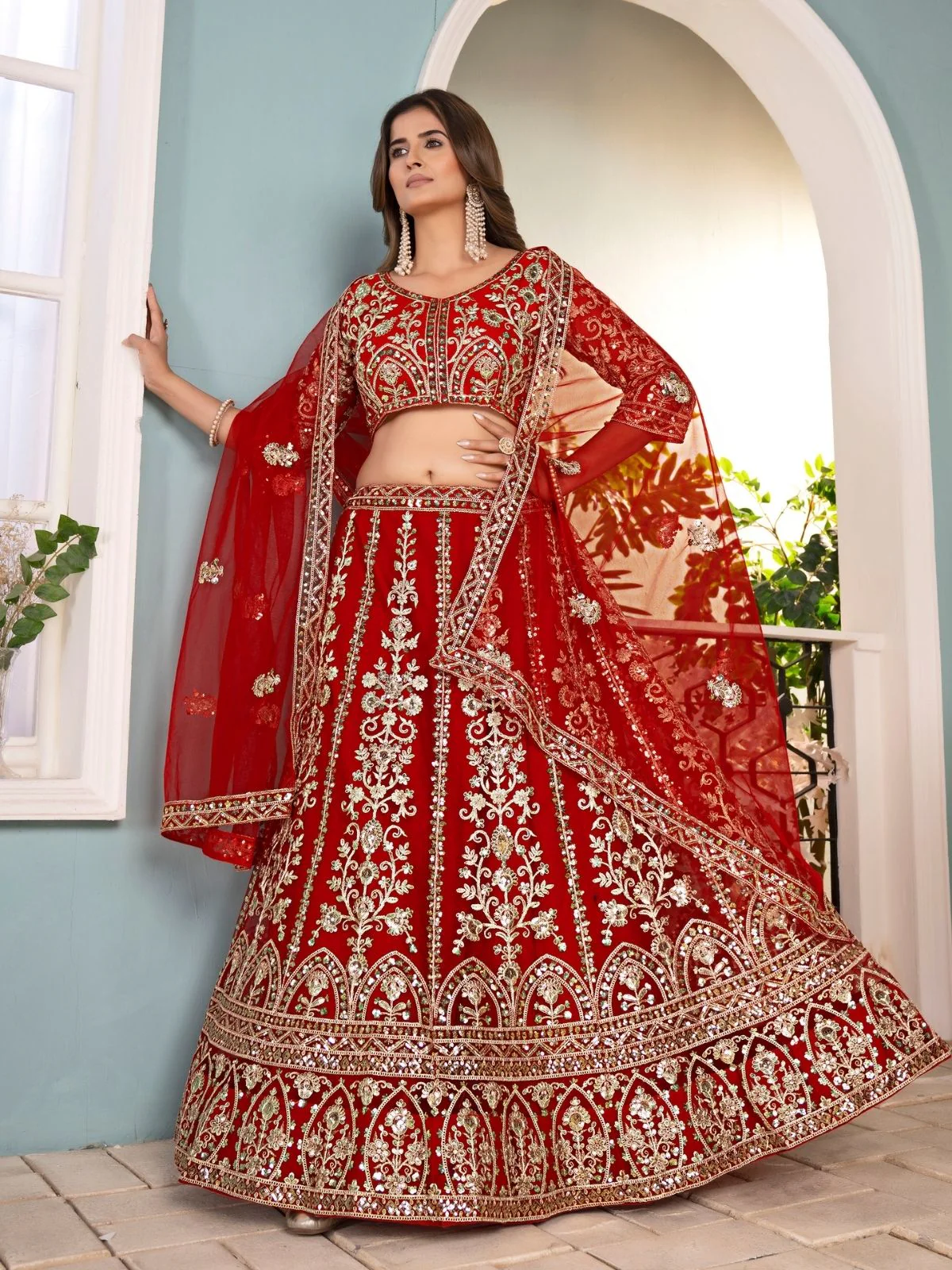 Odette Red Net Embellished Semi Stitched Lehenga For Women - Image 2