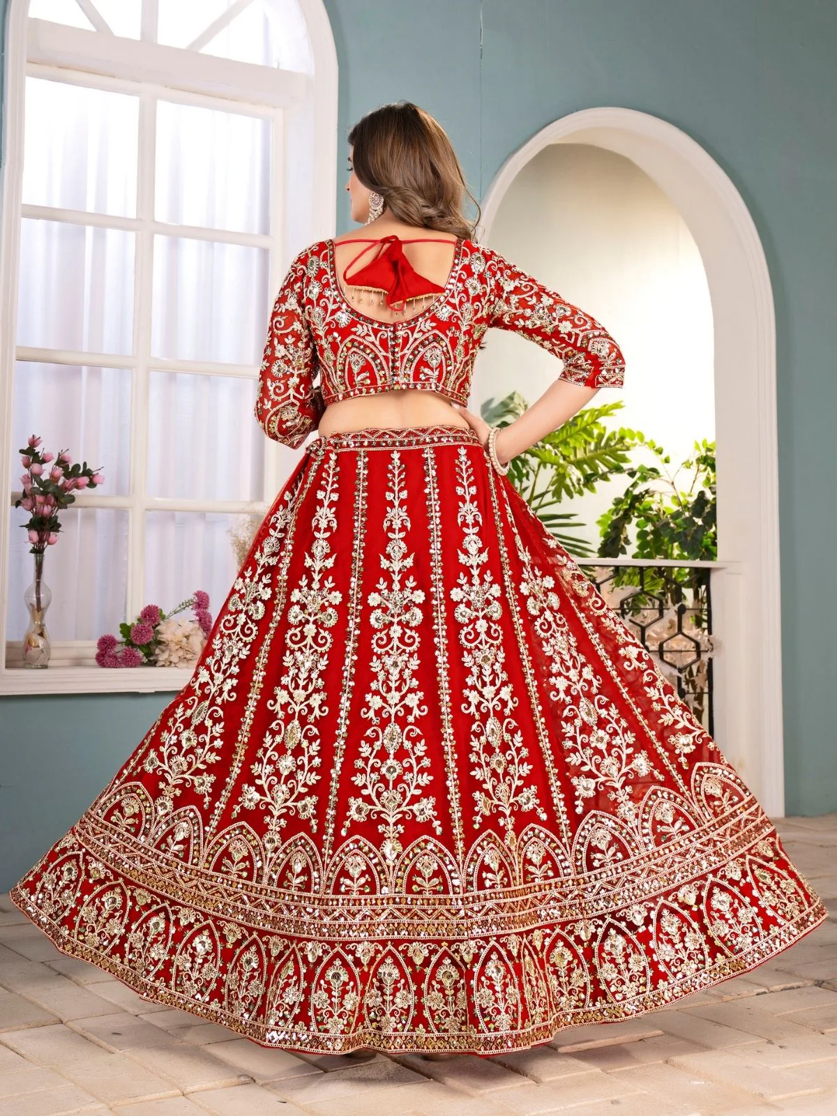 Odette Red Net Embellished Semi Stitched Lehenga For Women - Image 3