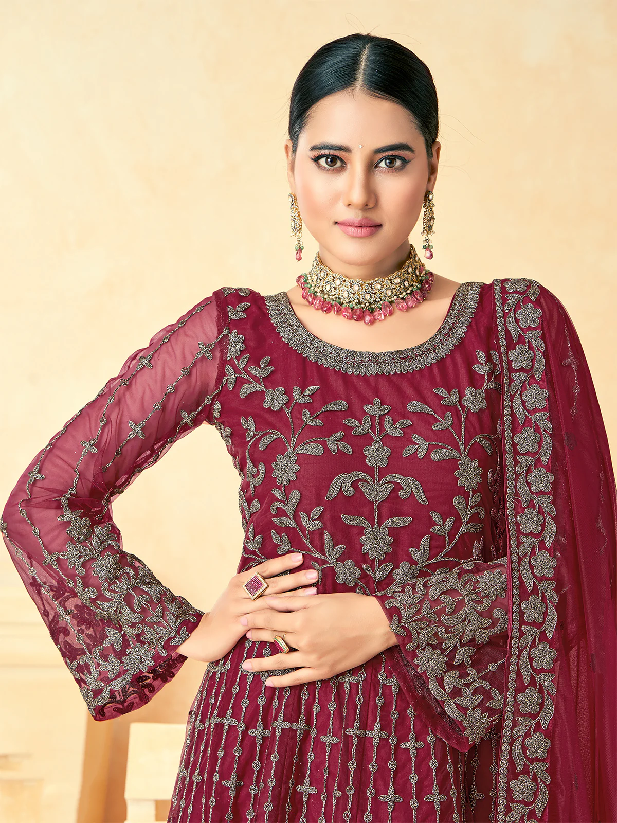 Odette Red Net Embroidered Semi stitched Kurta Set For Women - Image 4