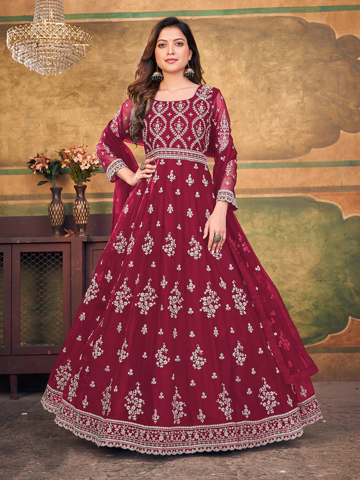 Odette Red Net Embroidered Semi stitched Kurta Set with Inner For Women - Image 2