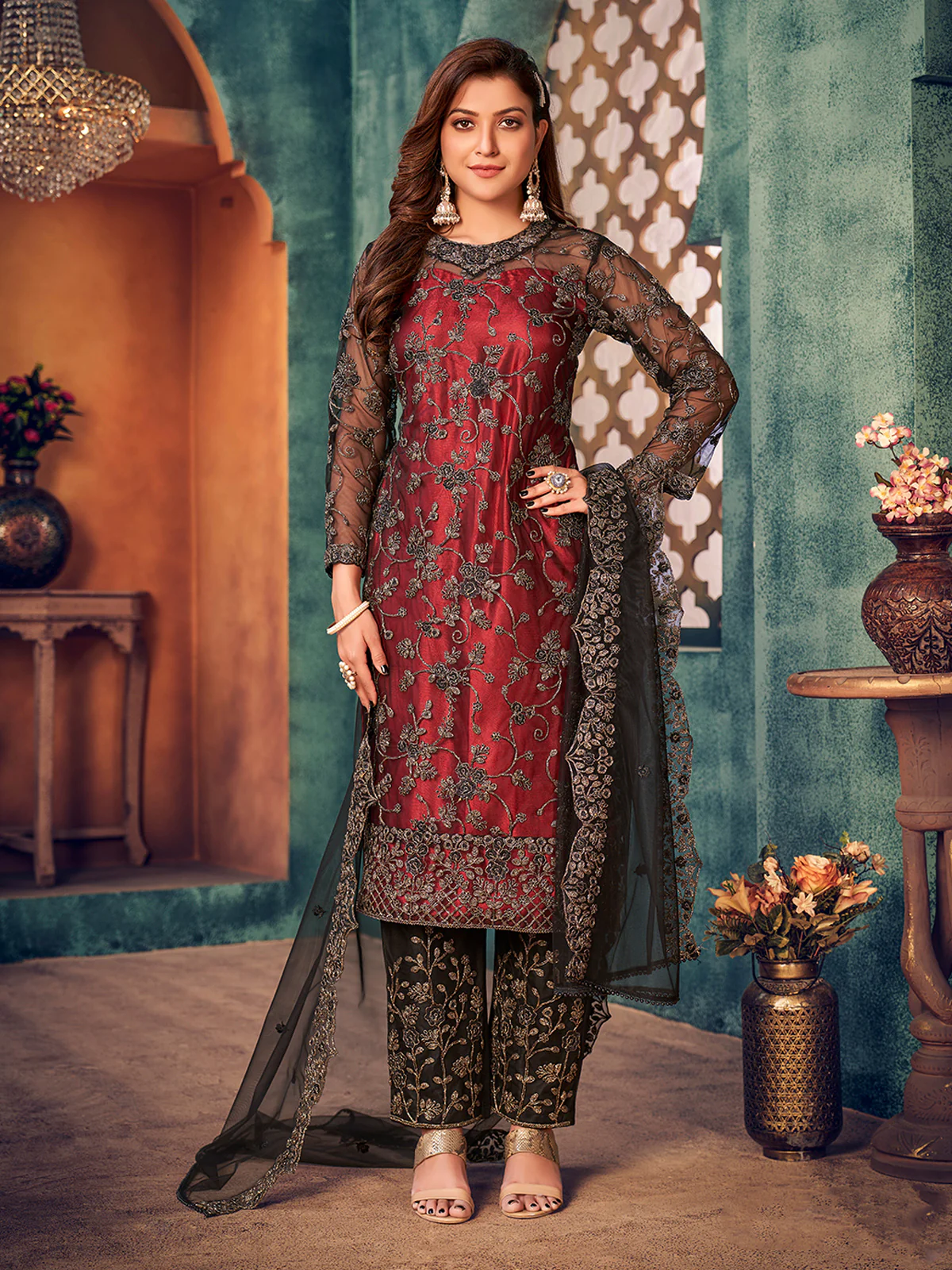 Odette Red Net Embroidered Semi stitched Kurta Set with Inner For Women - Image 2