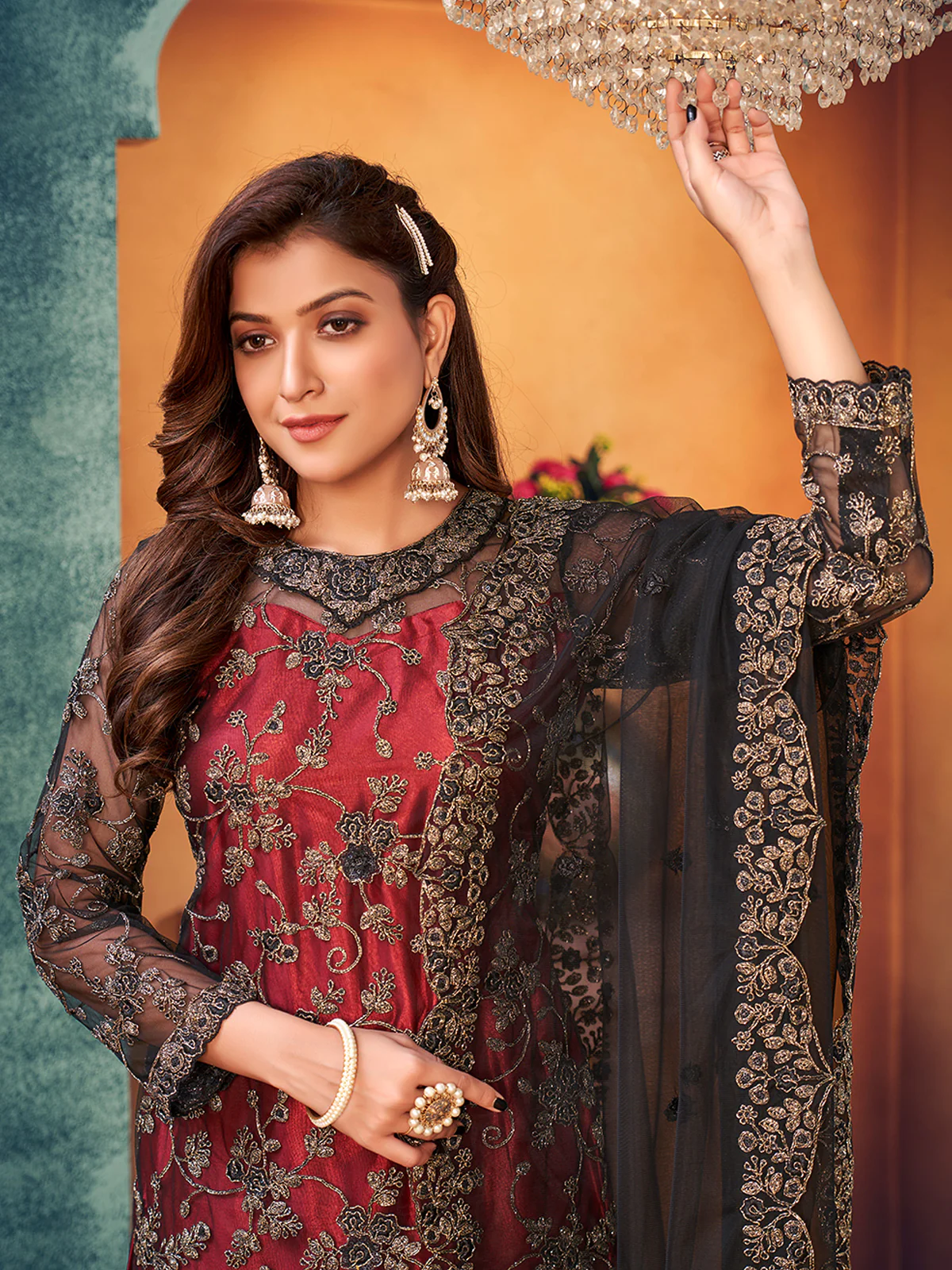 Odette Red Net Embroidered Semi stitched Kurta Set with Inner For Women - Image 3