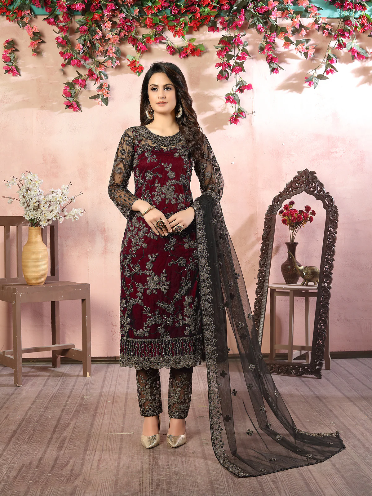 Odette Red Net Embroidered Semi stitched Kurta Set with Inner For Women - Image 3