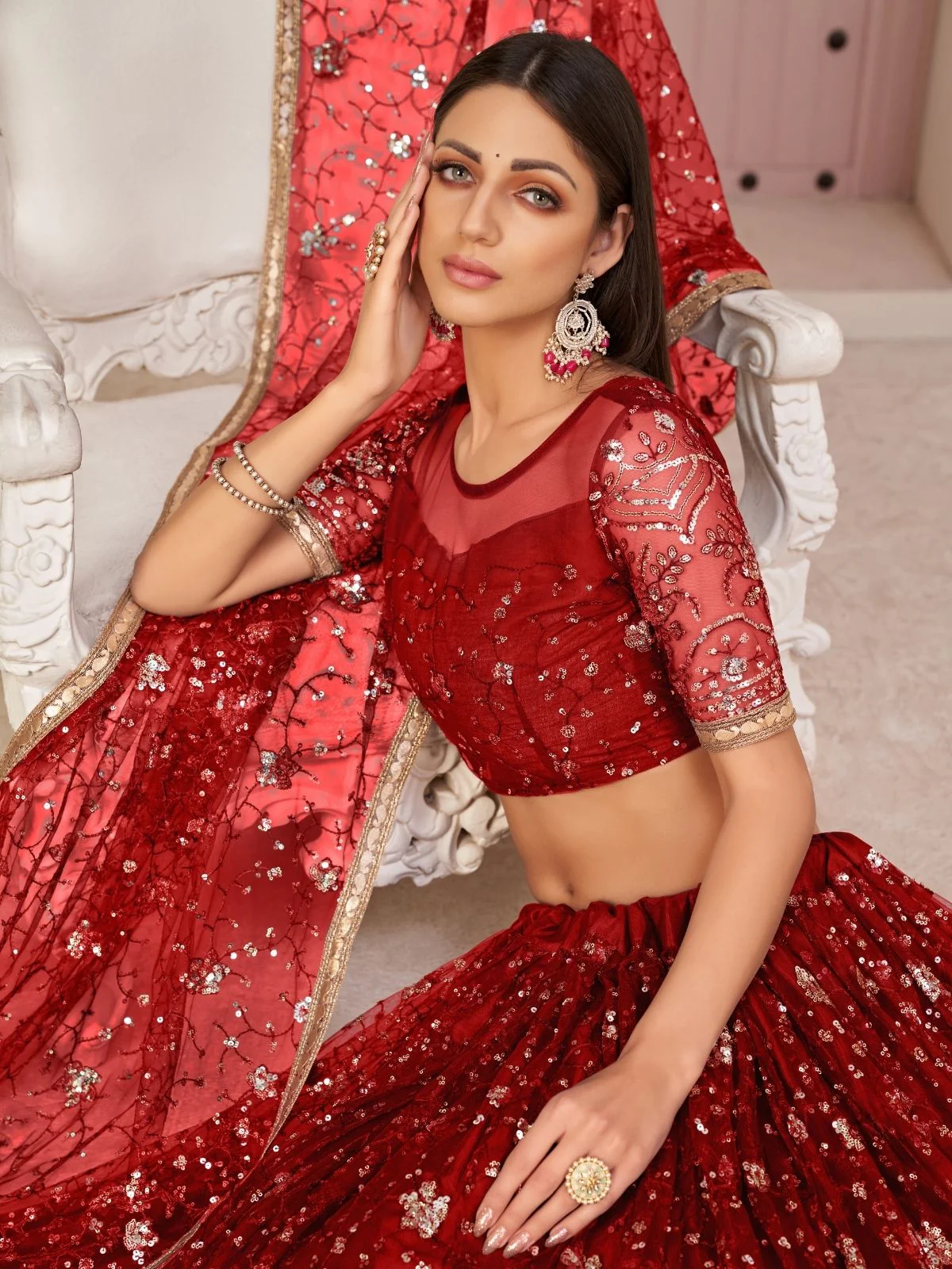 Odette Red Net Embroidered Semi Stitched Lehenga For Women - Image 2