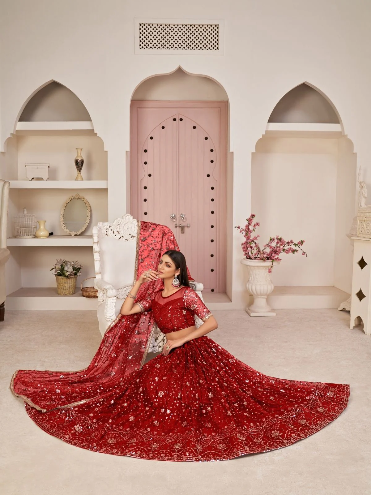 Odette Red Net Embroidered Semi Stitched Lehenga For Women - Image 4