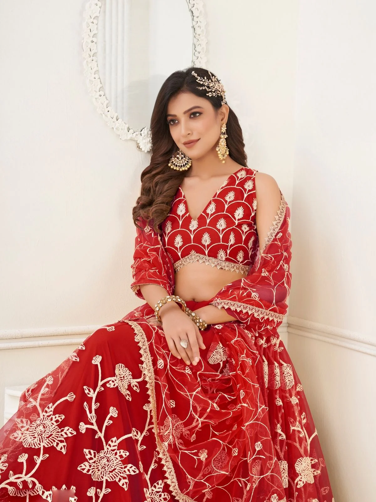 Odette Red Net Embroidered Semi Stitched Lehenga For Women - Image 3
