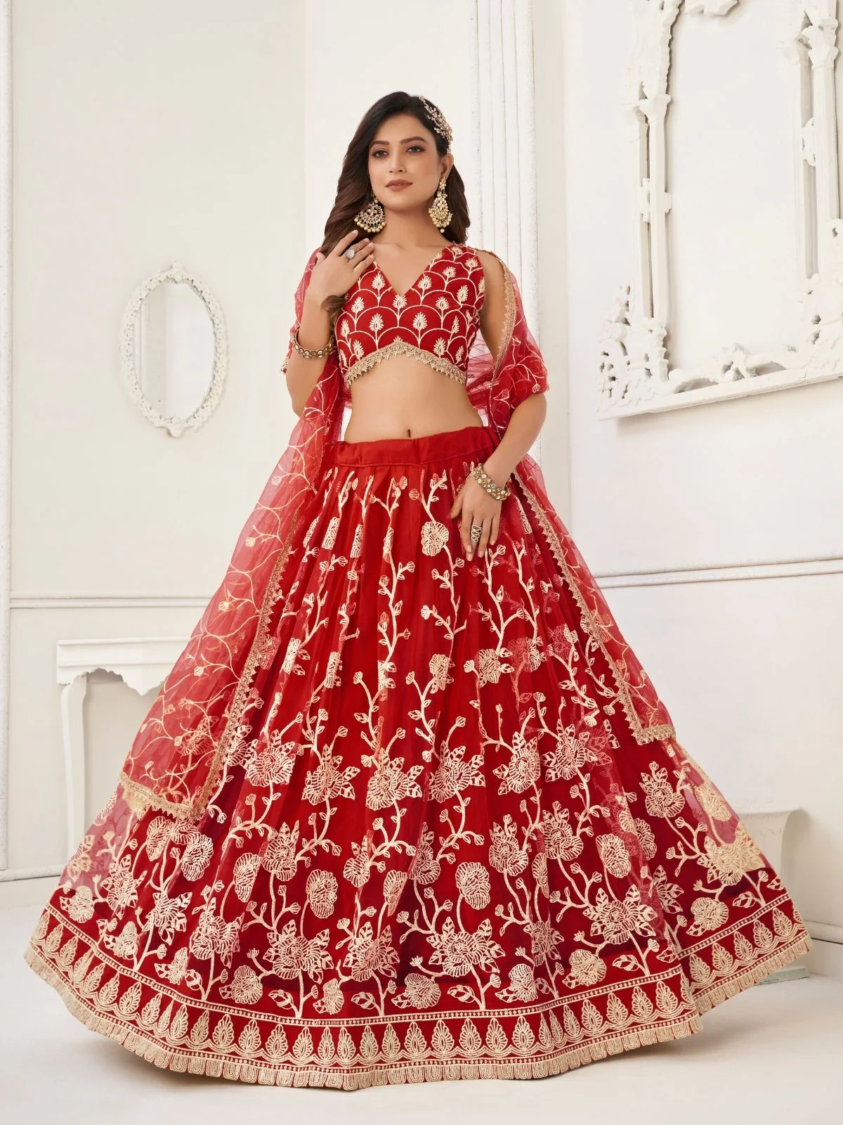 Odette Red Net Embroidered Semi Stitched Lehenga For Women - Image 5