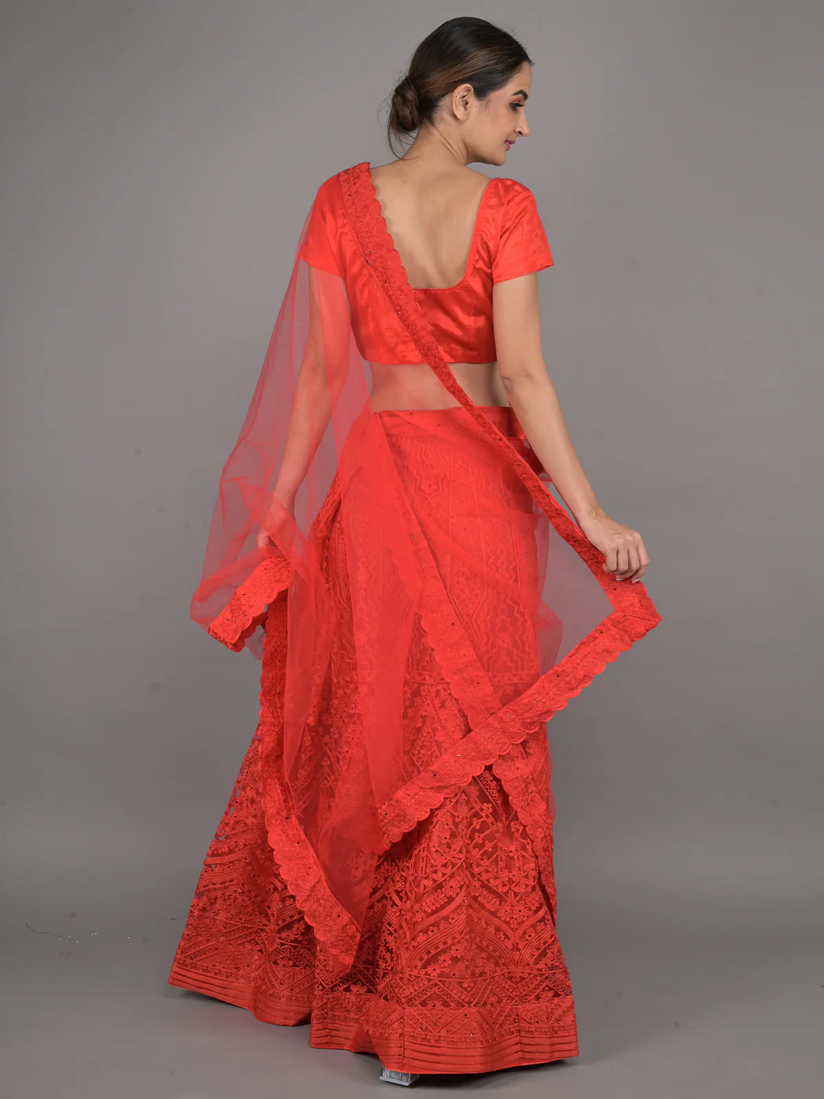 Odette Red Embroidered Net Stitched Lehenga Set For Women - Image 3