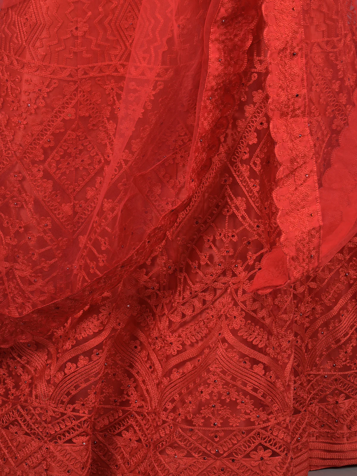 Odette Red Embroidered Net Stitched Lehenga Set For Women - Image 5