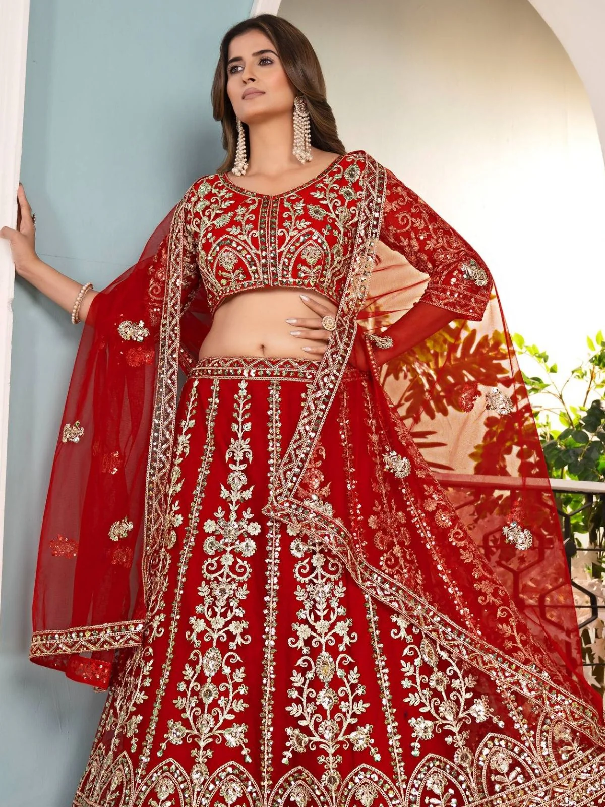 Odette Red Net Sequence Embroidered Semi-Stitched Lehenga For Women - Image 3
