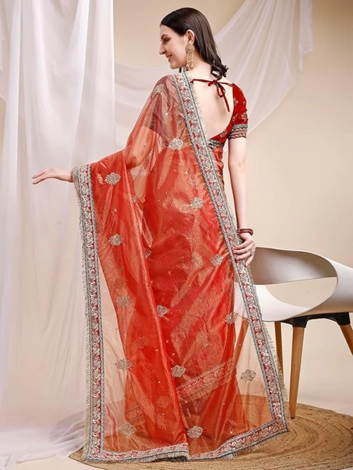 Odette Red Organza Embellished Solid Saree For Women - Image 2