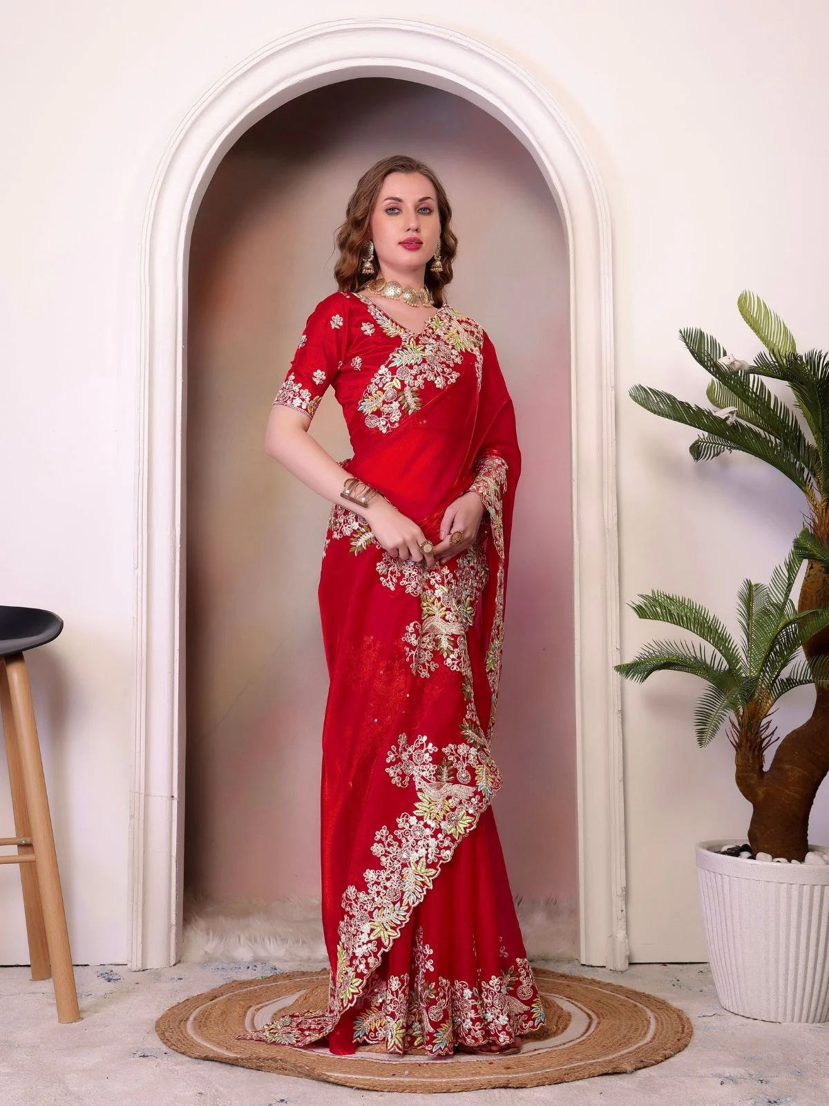 Odette Red Organza Embroidered Solid Saree For Women - Image 2