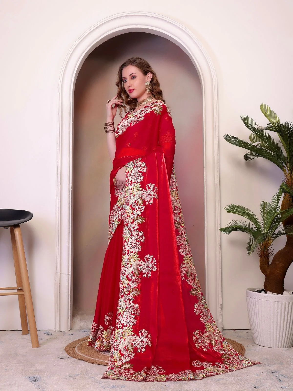 Odette Red Organza Embroidered Solid Saree For Women - Image 3