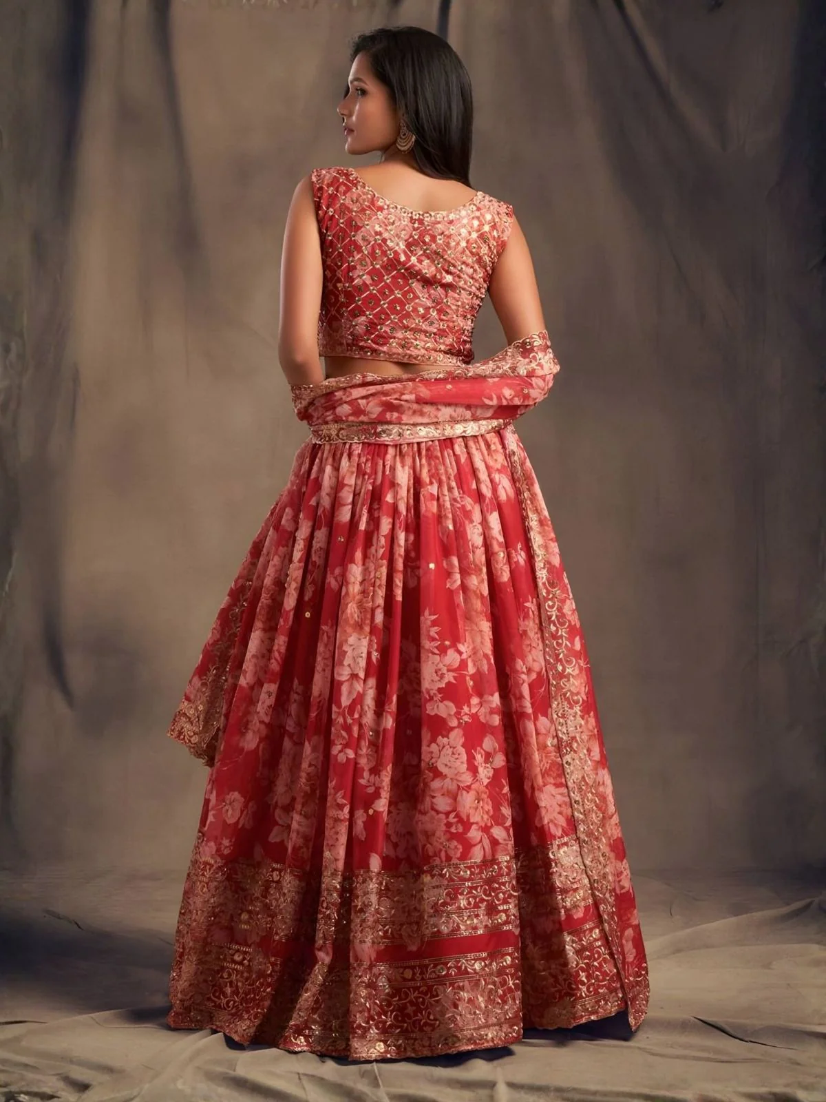 Odette Red Organza Printed And Embriodered Semi-Stitched Lehenga For Women - Image 2