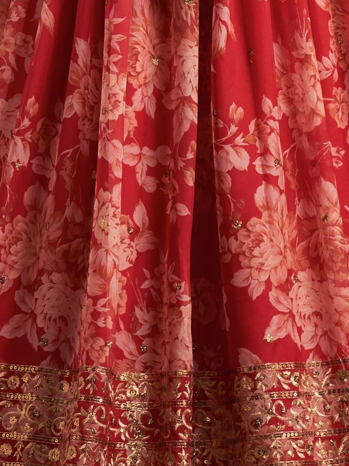 Odette Red Organza Printed Semi Stitched Lehenga With Unstitched Blouse For Women - Image 7