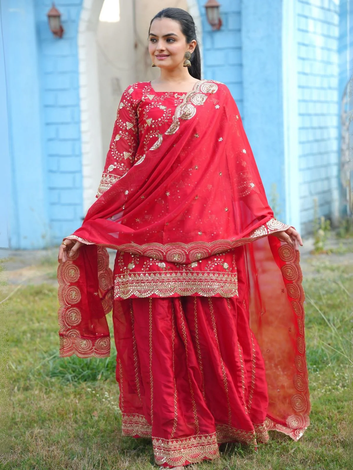 Odette Red Poly Georgette Embroidered Stitched Kurta Set For Women - Image 2