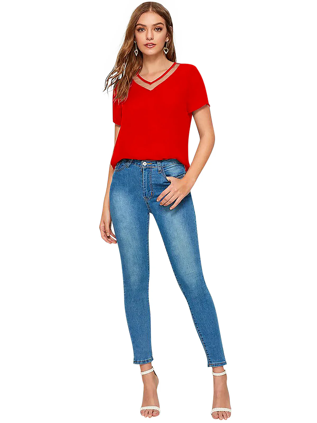 Odette Red Polyester Solid Top For Women - Image 5
