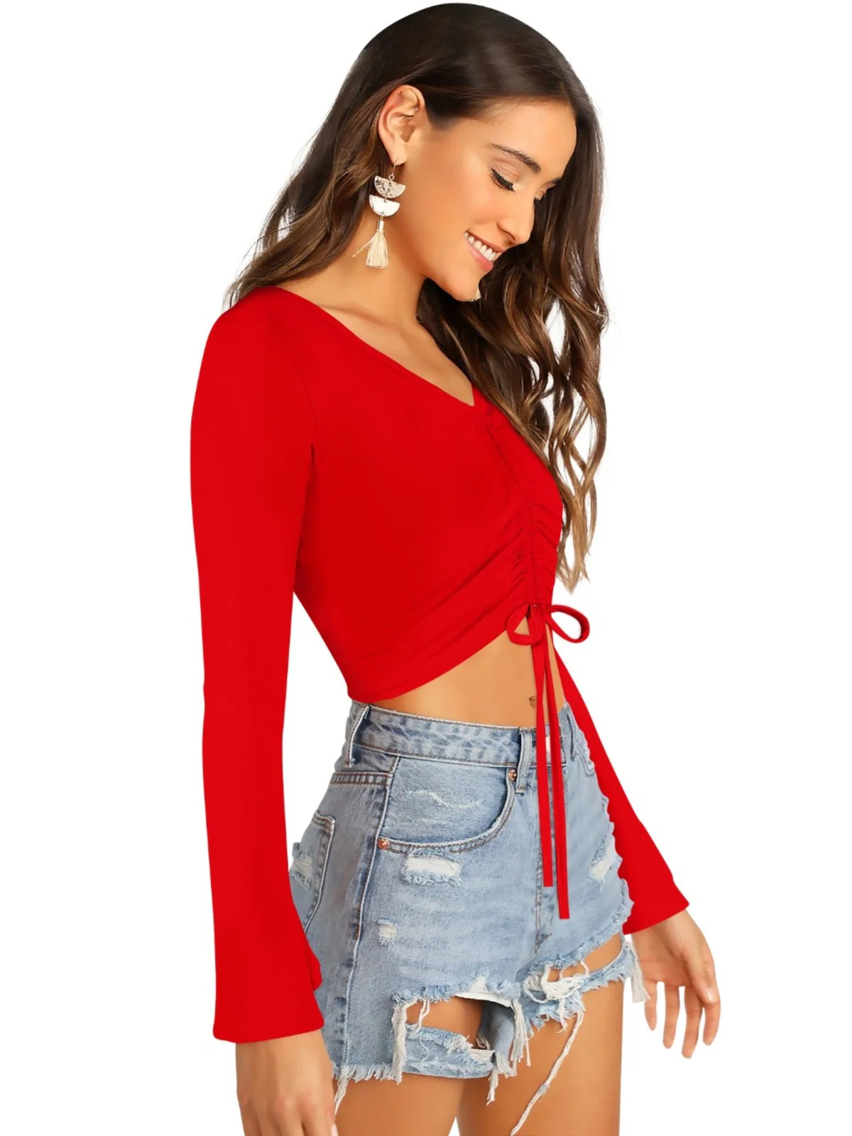 Odette Red Polyester Solid Top For Women - Image 3