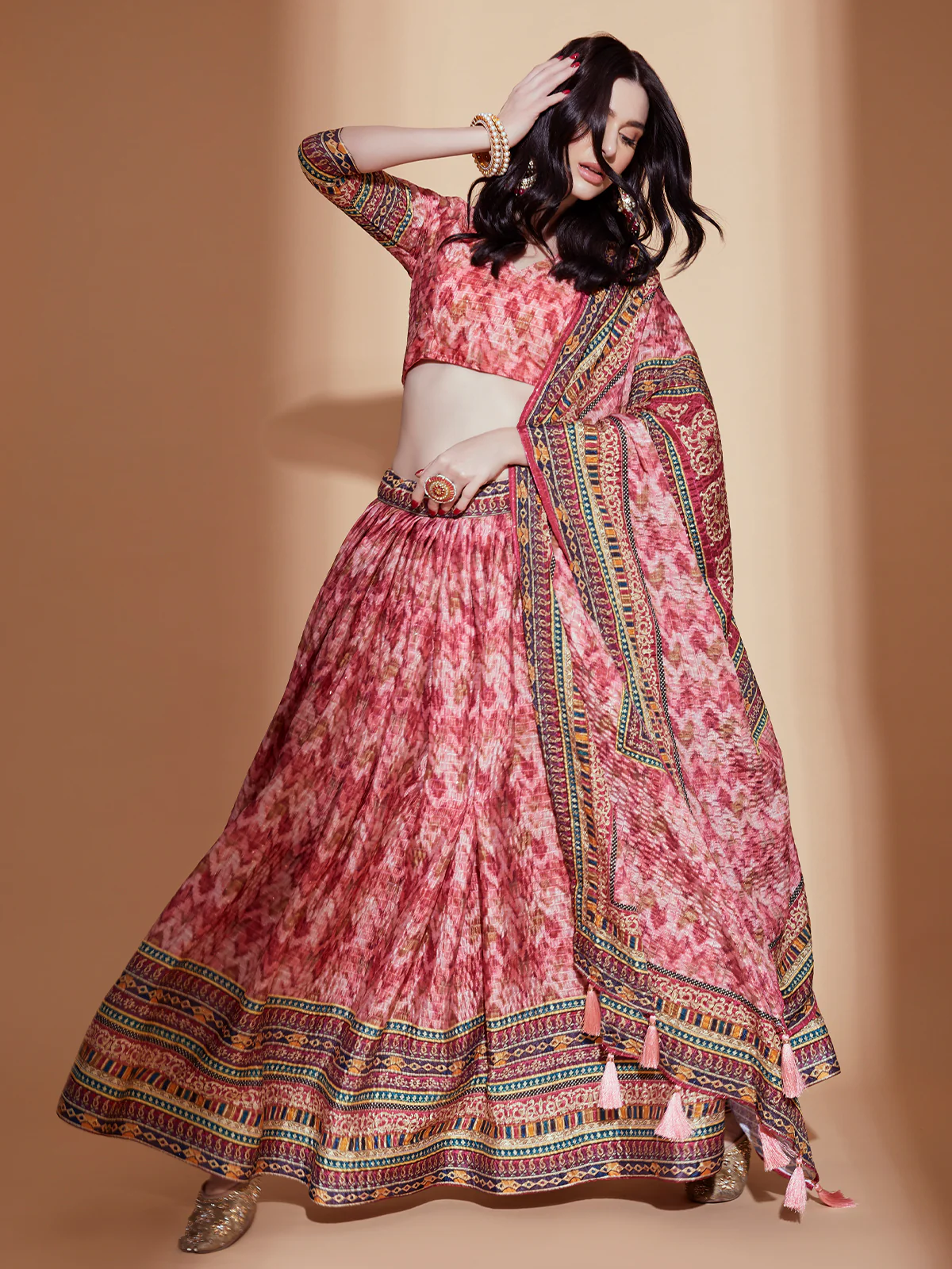 Odette Red Printed Embroidered Chinon Semi Stitched Lehenga With Unstitched Blouse For Women - Image 3