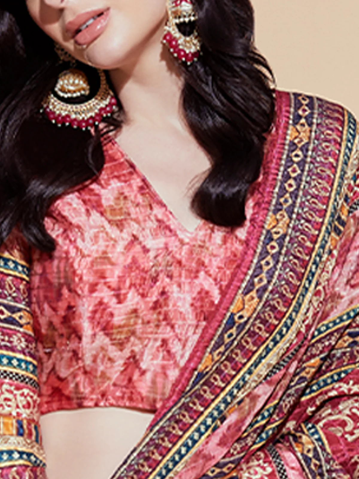 Odette Red Printed Embroidered Chinon Semi Stitched Lehenga With Unstitched Blouse For Women - Image 5