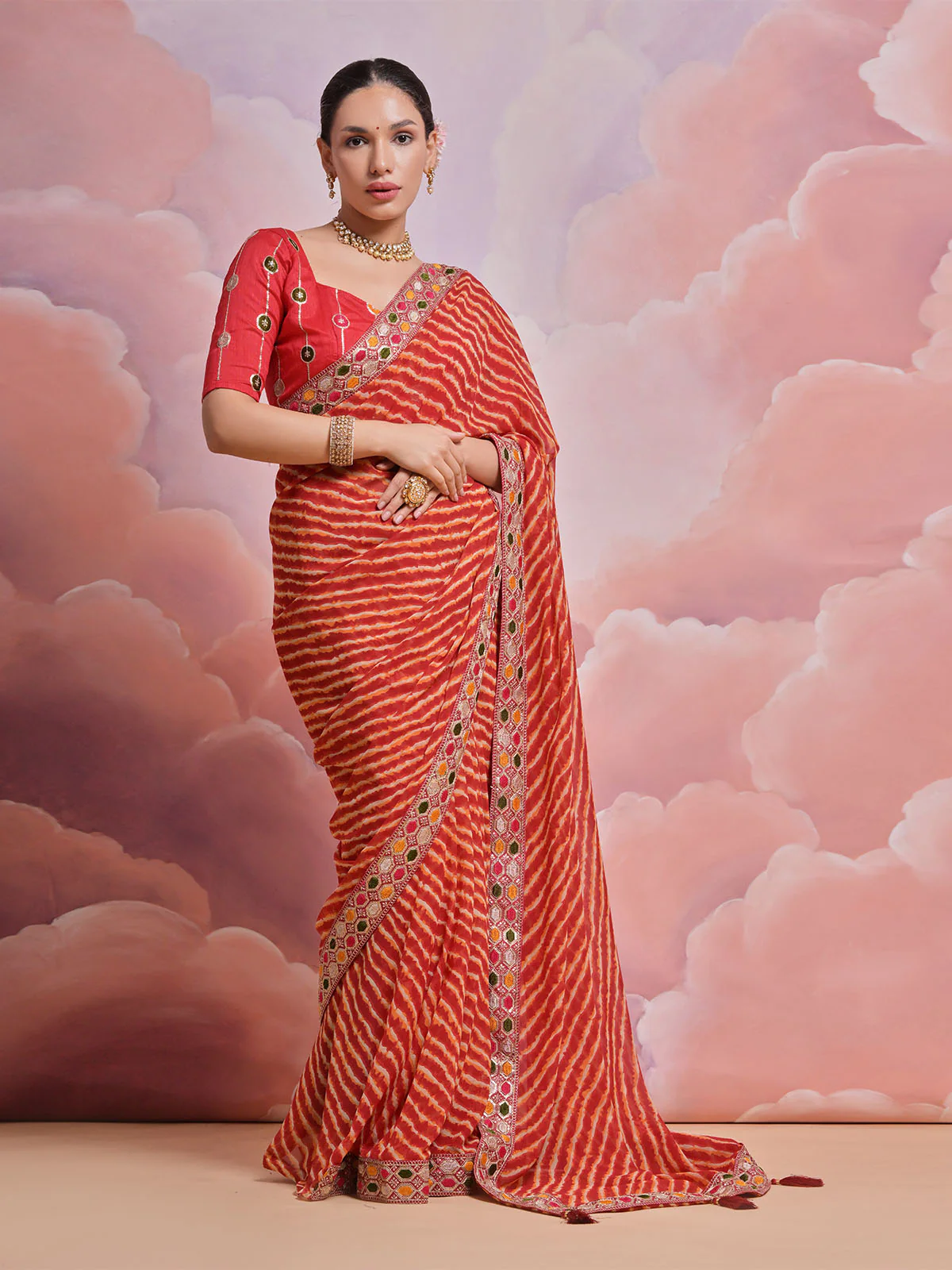 Odette Orange Printed Georgette Saree With Unstitched Blouse For Women - Image 3