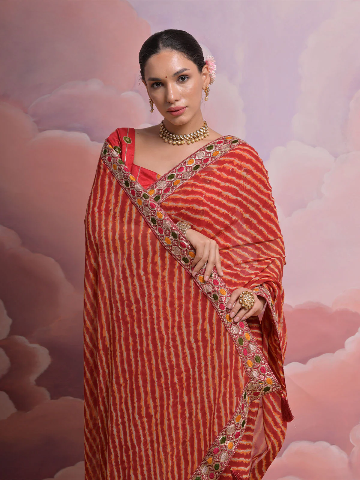 Odette Orange Printed Georgette Saree With Unstitched Blouse For Women - Image 4