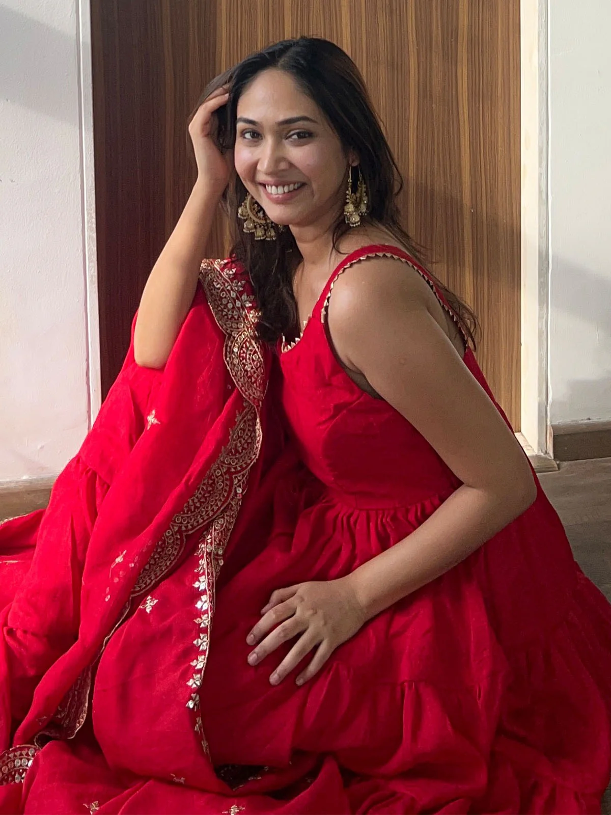 Odette Red Printed Georgette Stitched Gown For Women - Image 4