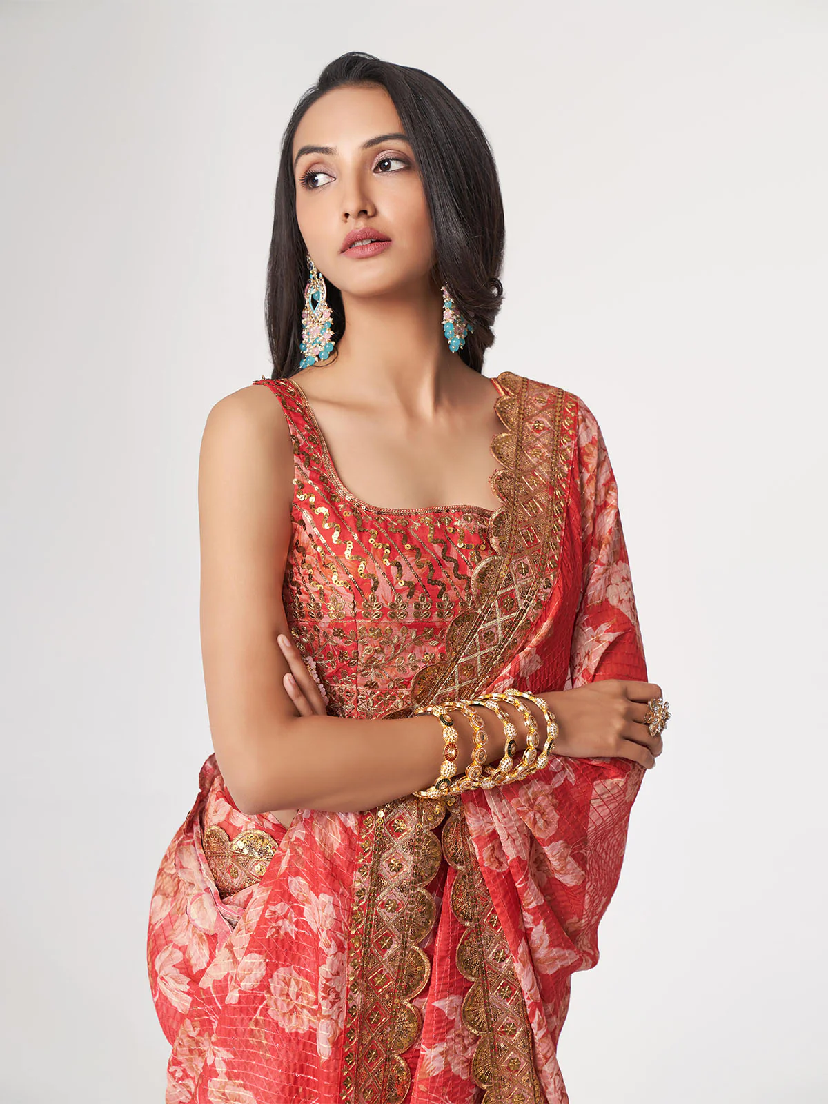 Odette Red Printed Organza Saree With Unstitched Blouse For Women - Image 6