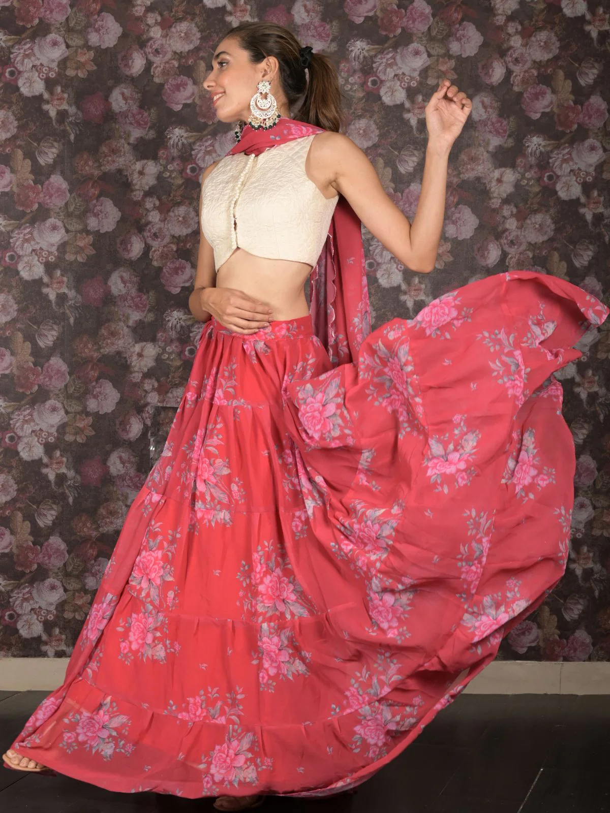 Odette Red Printed Semi Stitched Lehenga with Unstitched Blouse And Dupatta For Women - Image 2