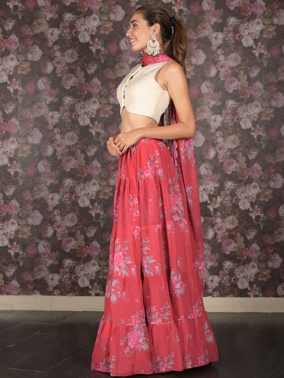Odette Red Printed Semi Stitched Lehenga with Unstitched Blouse And Dupatta For Women - Image 3