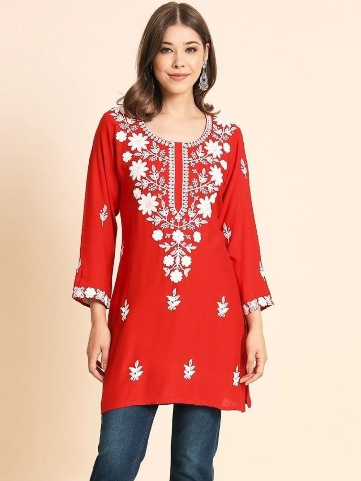 Odette Red Rayon Embroidered Kurti For Women - Image 2
