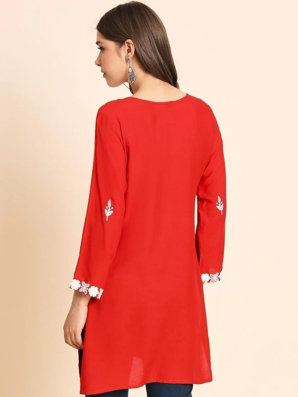 Odette Red Rayon Embroidered Kurti For Women - Image 3