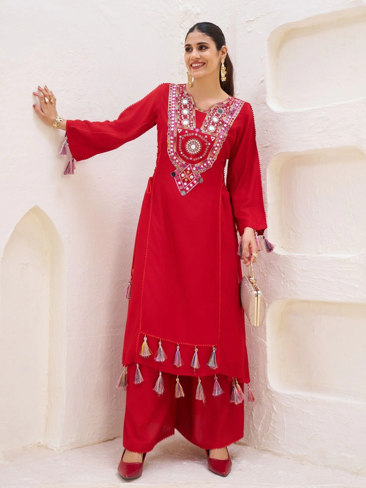 Odette Red Rayon Embroidered Stitched Kurta Set For Women - Image 2
