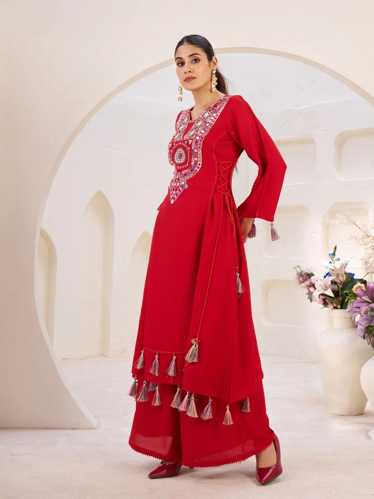 Odette Red Rayon Embroidered Stitched Kurta Set For Women - Image 3