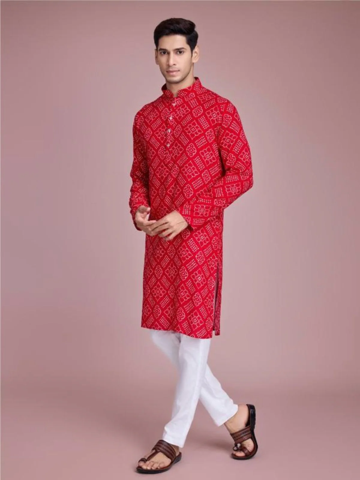 Odette Red Rayon Printed Stitched Kurta For Men - Image 2