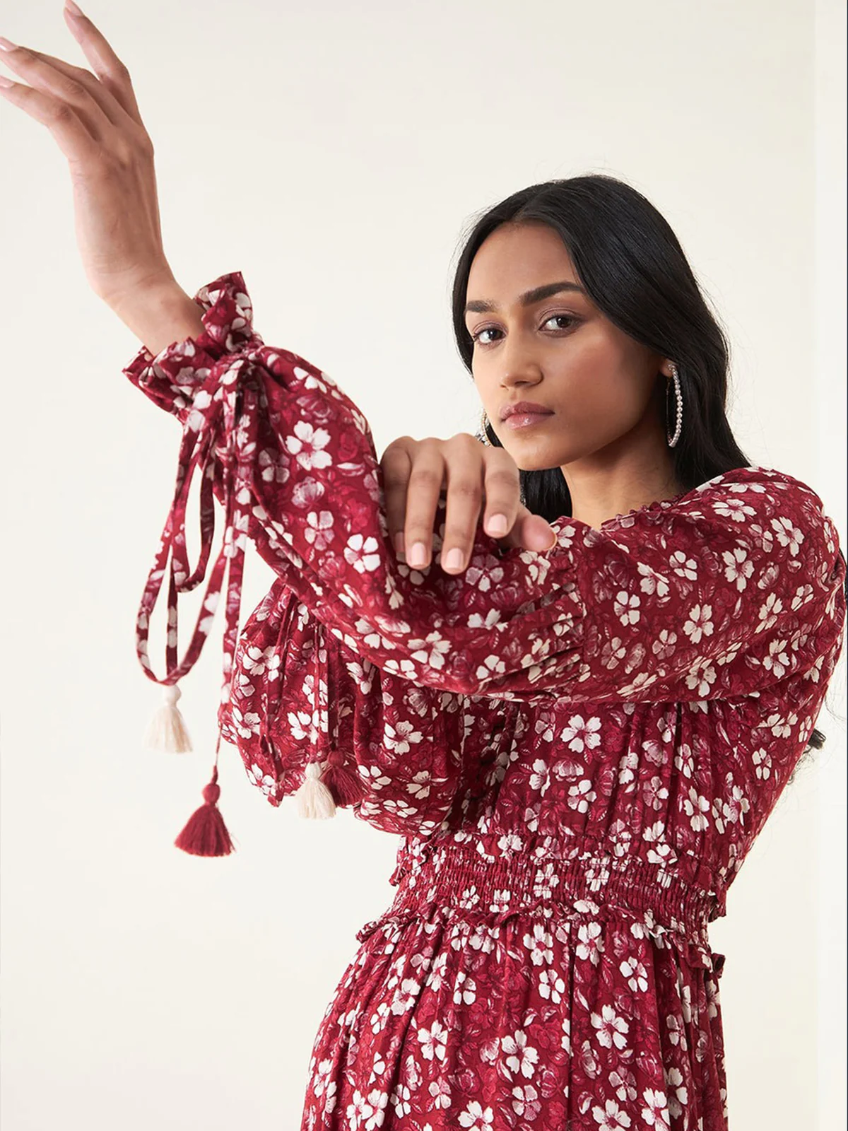 Odette Red Rayon Stitched Printed Indo Western Dress For Women - Image 3