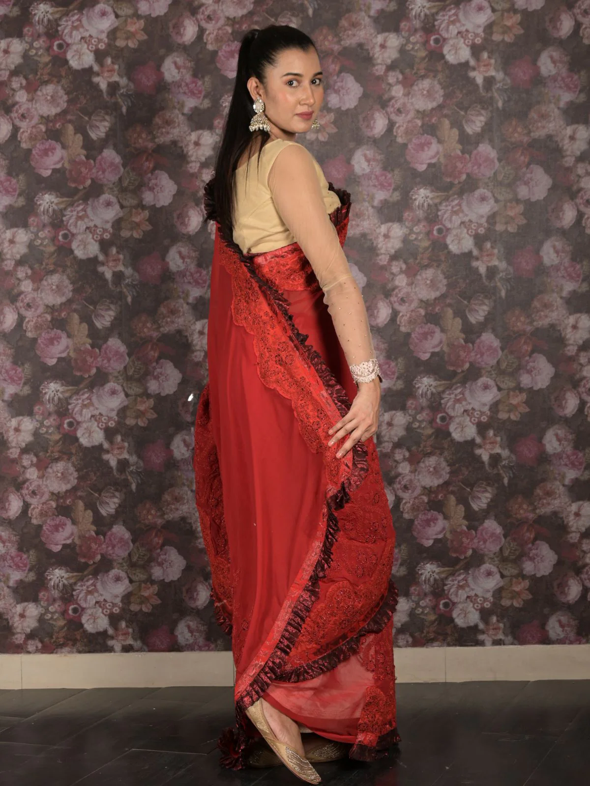 Odette Red Ruffled Georgette Saree With Unstitched Blouse For Women - Image 3