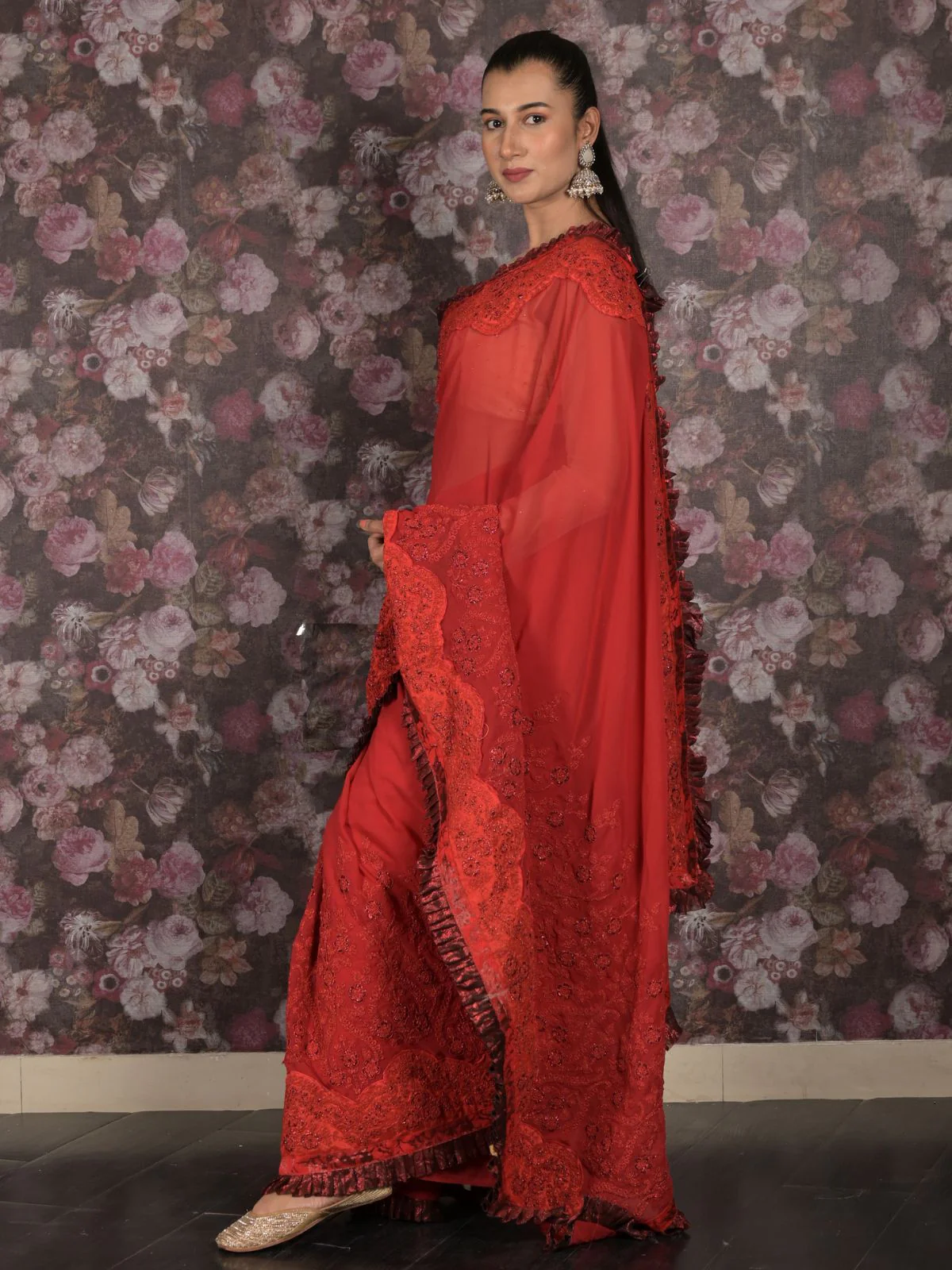 Odette Red Ruffled Georgette Saree With Unstitched Blouse For Women - Image 4
