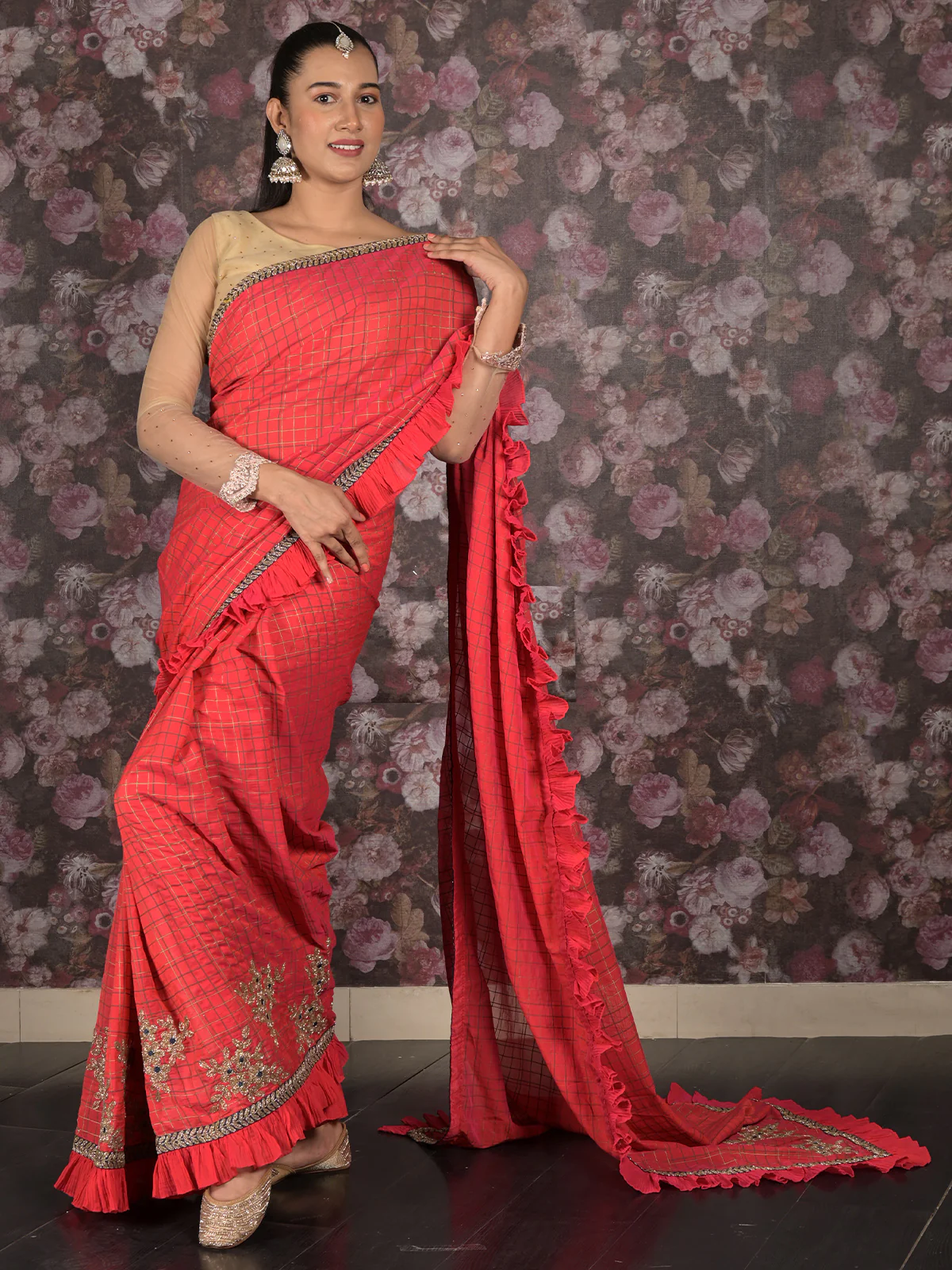 Odette Red Ruffled Polyester Saree Without Blouse For Women - Image 3